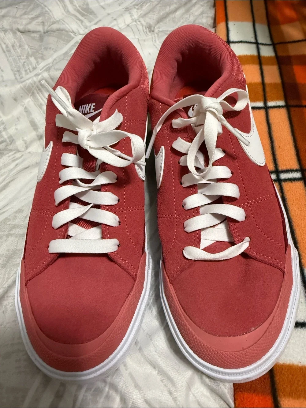 Nike Women’s Rose Pink Suede Sneakers with White Swoosh